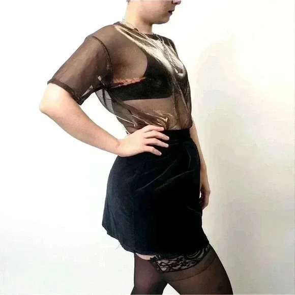 Vintage 90s Velour Velvet grungy Black Skirt - Picture 5 of 8